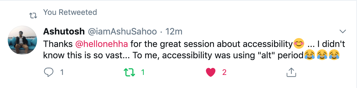 Feedback of the session: "Thanks Neha for the great session on the accessibility"